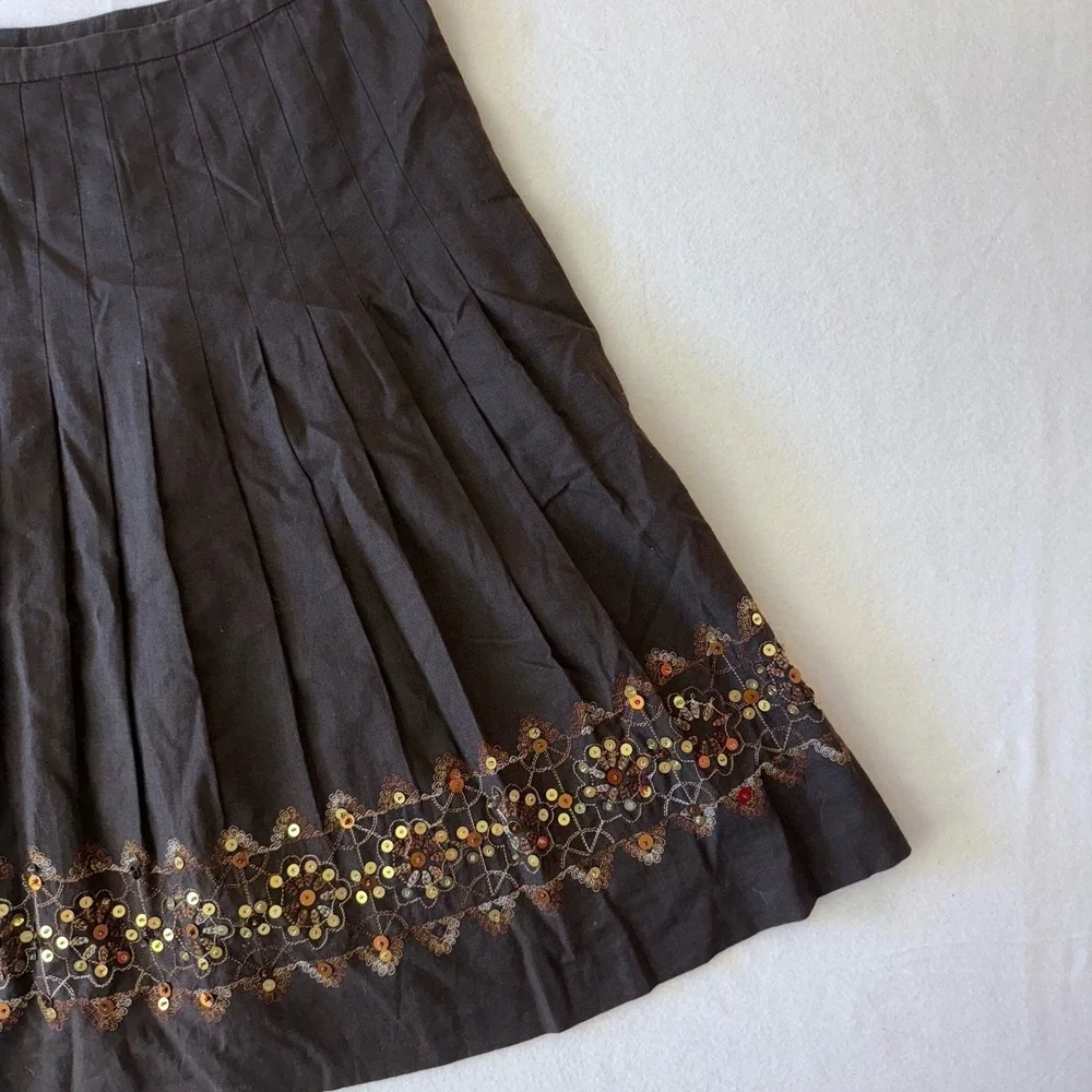 Ann Taylor Loft Brown Linen Blend Pleated Sequin Hem A-Line‎ Skirt Womens 10